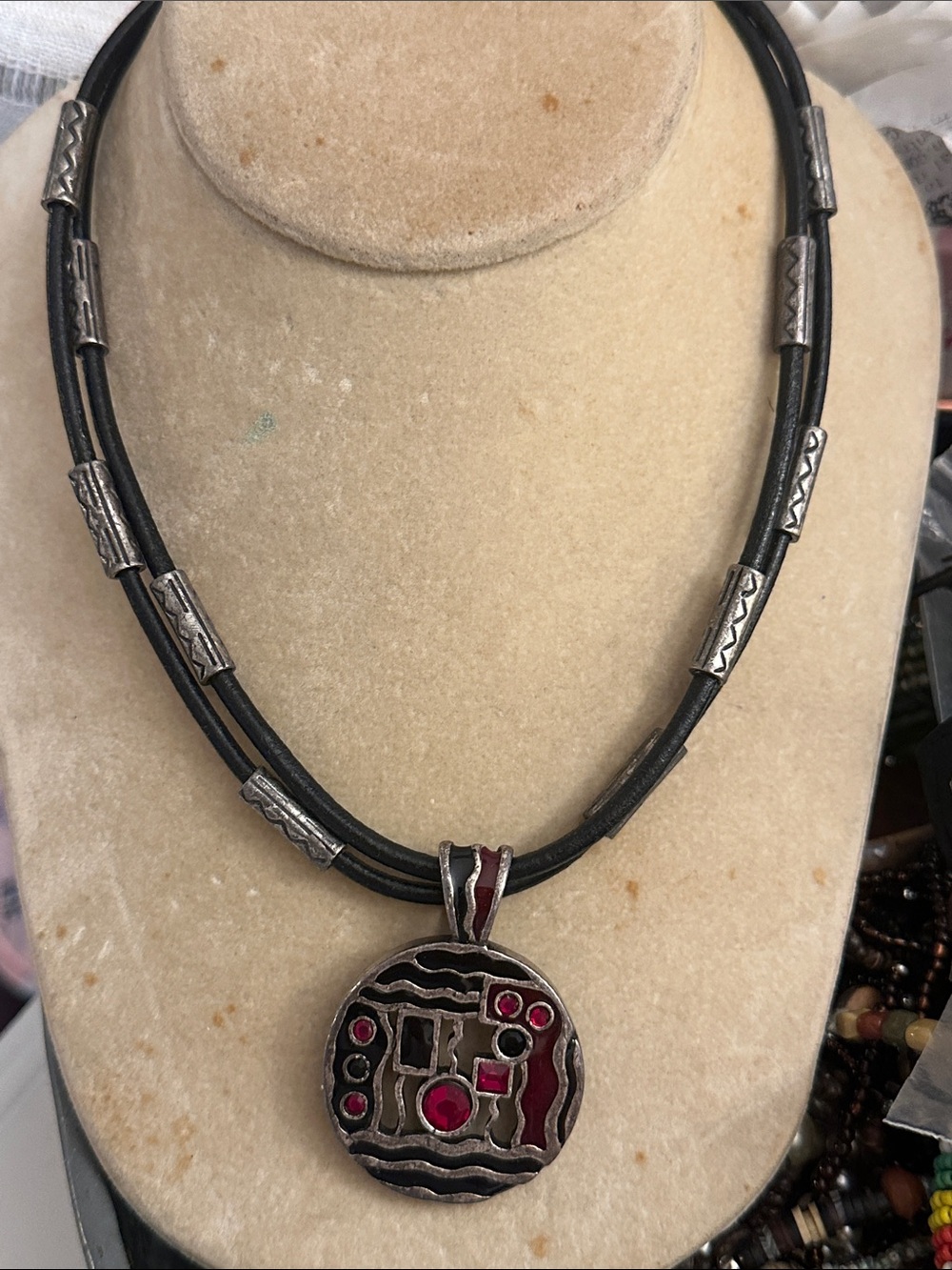 Chico's Black Double Cord Necklace with Silver-Tone Pendant and Red Accents